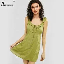 Green Solid color Spaghetti Strap Mini Female Dress Backless O-neck Button Pocket Tie Ruffle 2019 New Casual Summer Women Dress green causal self tie design mini dress