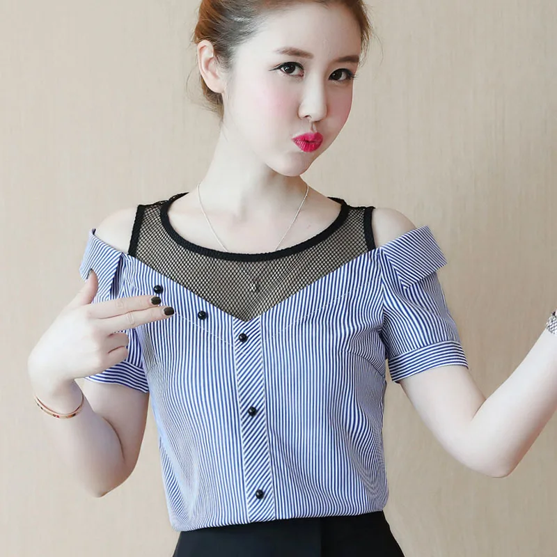 

Off Shoulder Women Spring Summer Style Mesh Chiffon Blouses Shirts Lady Casual Short Sleeve Striped Blusas Tops DF1926