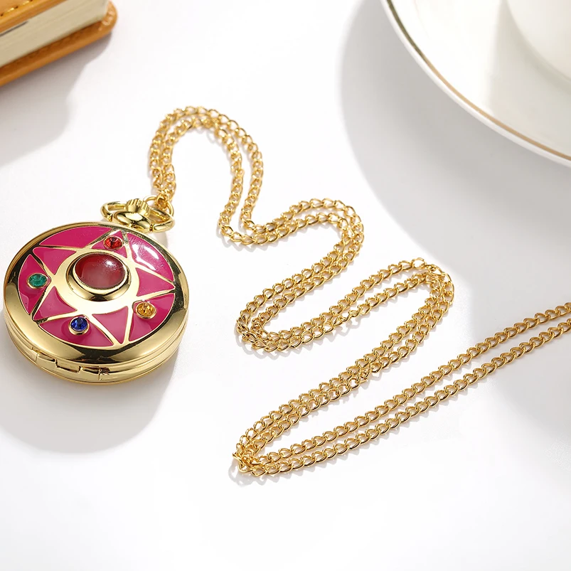 Прекрасный роскошные золотые аниме Сейлор Мун карманные часы с цепочкой мода брелок часы Цепочки и ожерелья подвеской подарки для девушки Relogio de bolso