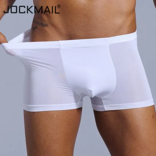 JOCKMAIL, сексуальное мужское Прозрачное нижнее белье, боксеры, шорты, мужские трусы, ледяной шелк, мужские трусы, трусы для геев, нижнее белье для пениса