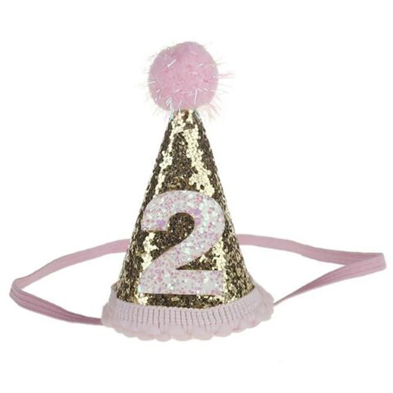 Cute Shiny 1/2/3 Boys Girls Birthday Hats With Hairball Caps Baby Shower Birthday Party Cake Caps Party Photo Props - Цвет: Pink 2