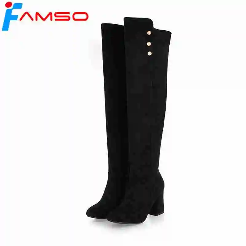 

FAMSO 2019 New Arrival Women's Thigh High Boots Button Pointed Toe High Heels Motorcycle Boots Winter Brand Over the Knee Boots