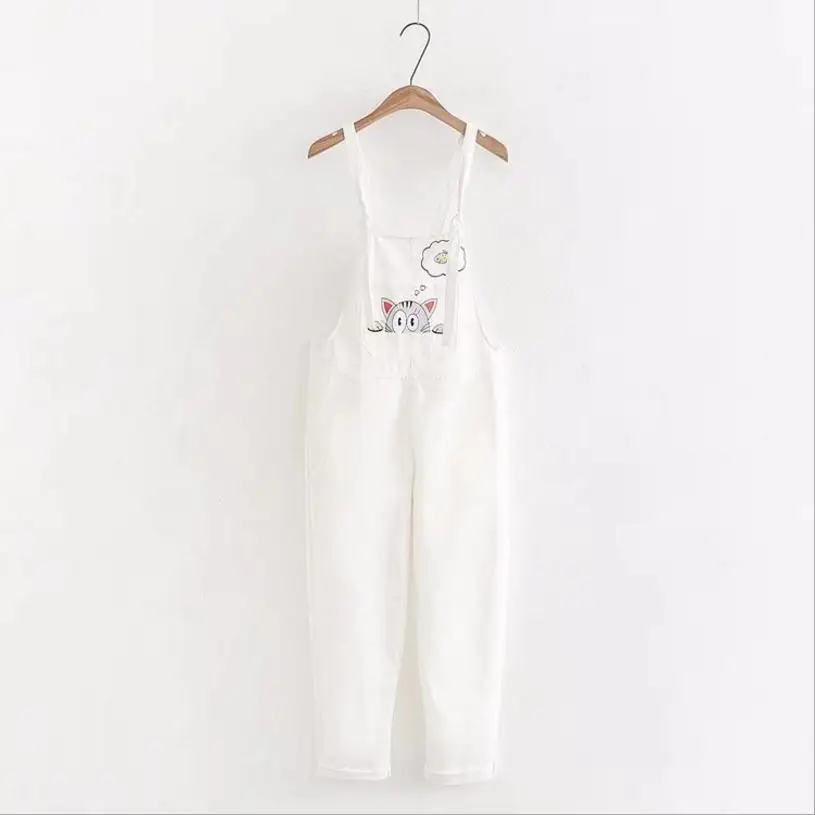 Japan Style Girl Cute Cartoon Cat Printing Embroidered Pink Overalls White Black Khaki Jumpsuits Female Summer Kwaii Overalls Japan Style Girl Cute Cartoon Cat Printing Embroidered Pink Overalls White Black Khaki Jumpsuits Female Summer Kwaii Overalls