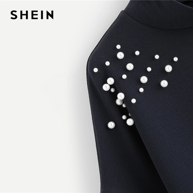 SHEIN, темно-синий, элегантный, элегантный, с вырезом, украшенный жемчугом, с заниженным плечом, однотонный свитшот, осень, Повседневный, для кампуса, женские толстовки