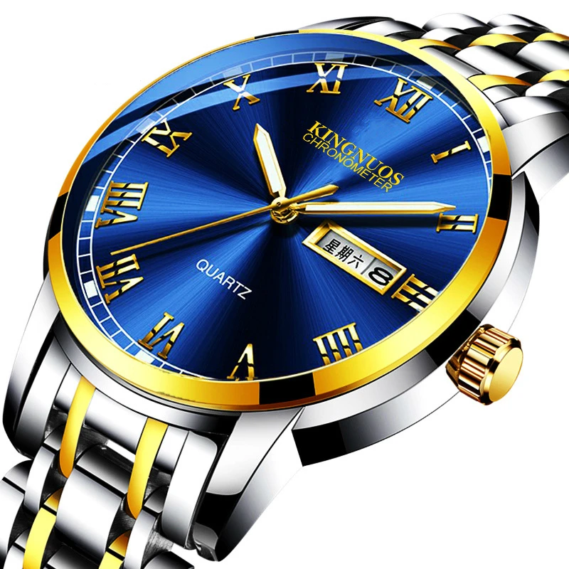

2019 hot sale double calendar men watch stainless steel belt boy clock genuine male watch business non-mechanical mens watches