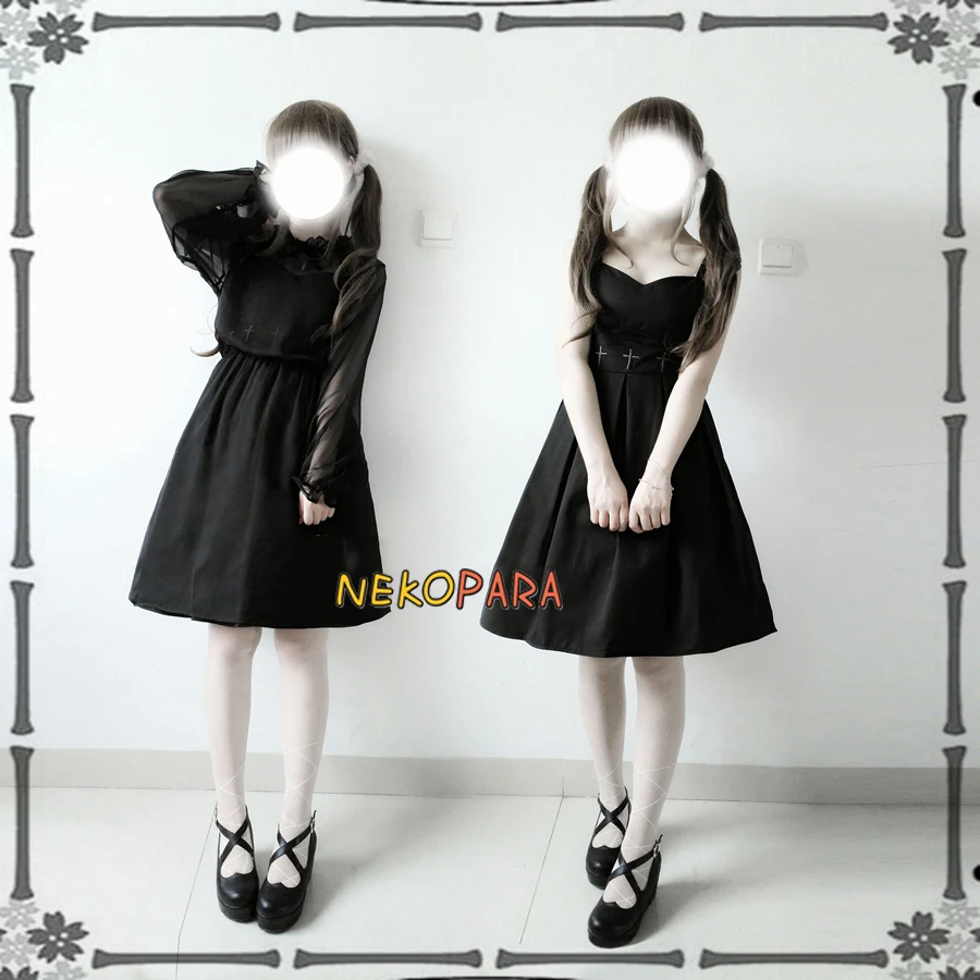 

French Girl Cross Embroidery Little Black Dress 2pcs Set Sleeveless Suspender Dress + Transparent Chiffon Voile Outer Overskirt