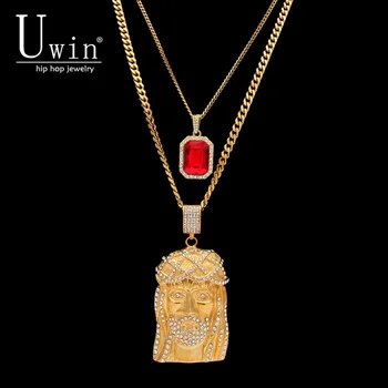 

UWIN Hip hop Jewelry Set Golden Crowned Jesus Head Pendant & Iced Out Square Gem Crystal Necklace Set Cuban chain