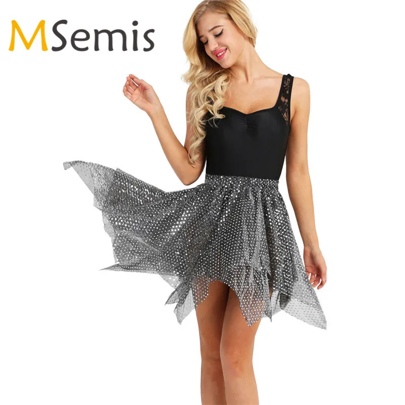 

Gymnastics Leotard for Women Latin Dance Skirt Glitter Polka Dots Asymmetric Dance Skirt Adult Performance Latin Skirrt Costume