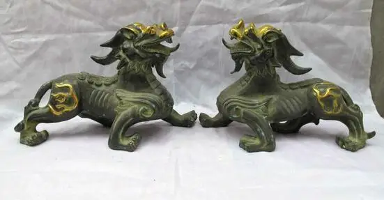 

China Bronze Foo Dog Lion Dragon kylin palace Door Feng shui Kirin beast pair