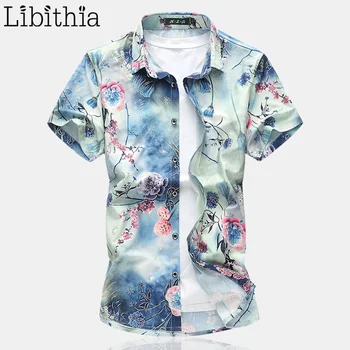 

Men Blue Floral Shirt Casual Slim Fit Print Short Sleeve Cotton Dress Shirt New Summer Big Size 6XL 7XL Social Masculina G020