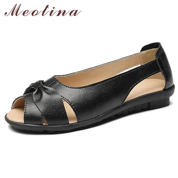 

Meotina Summer Shoes Women Sandals Cow Leather Bow Cutout Flat Shoes Slip On Peep Toe Sandals Female Footwear Yellow Size 35-40