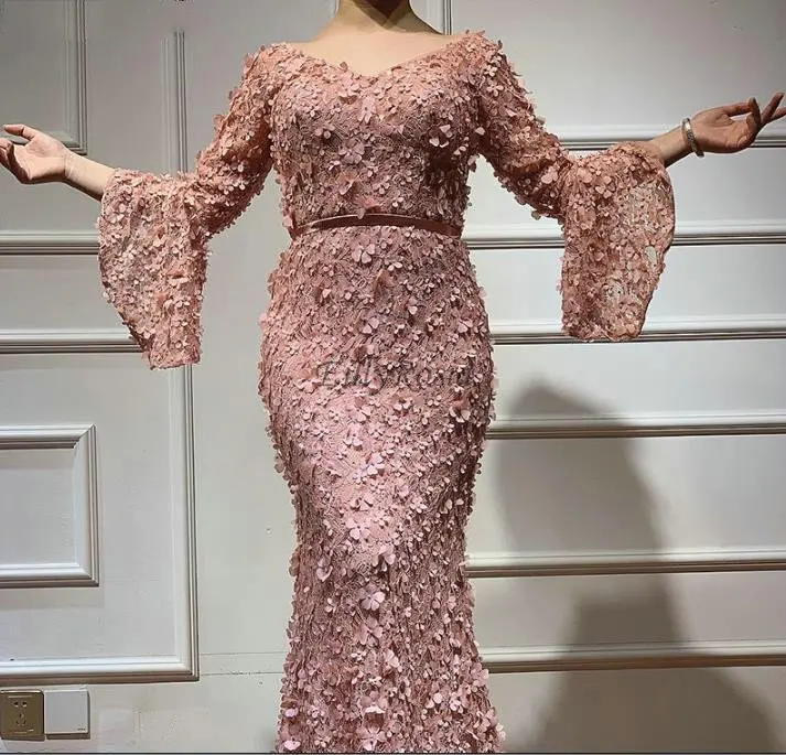 Dusty Rose Pink Trumpet Long Sleeve Prom Dresses Mermaid V Neck Lace 3D Flowers Elegant vestidos de Gala Dresses Ladies Party