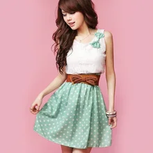 FANALA Women Dress Summer 2017 Sweet Lace Chiffon Polka Dot Lovely Sundress O Neck Sleeveless Mini Dress Vestidos With Belt