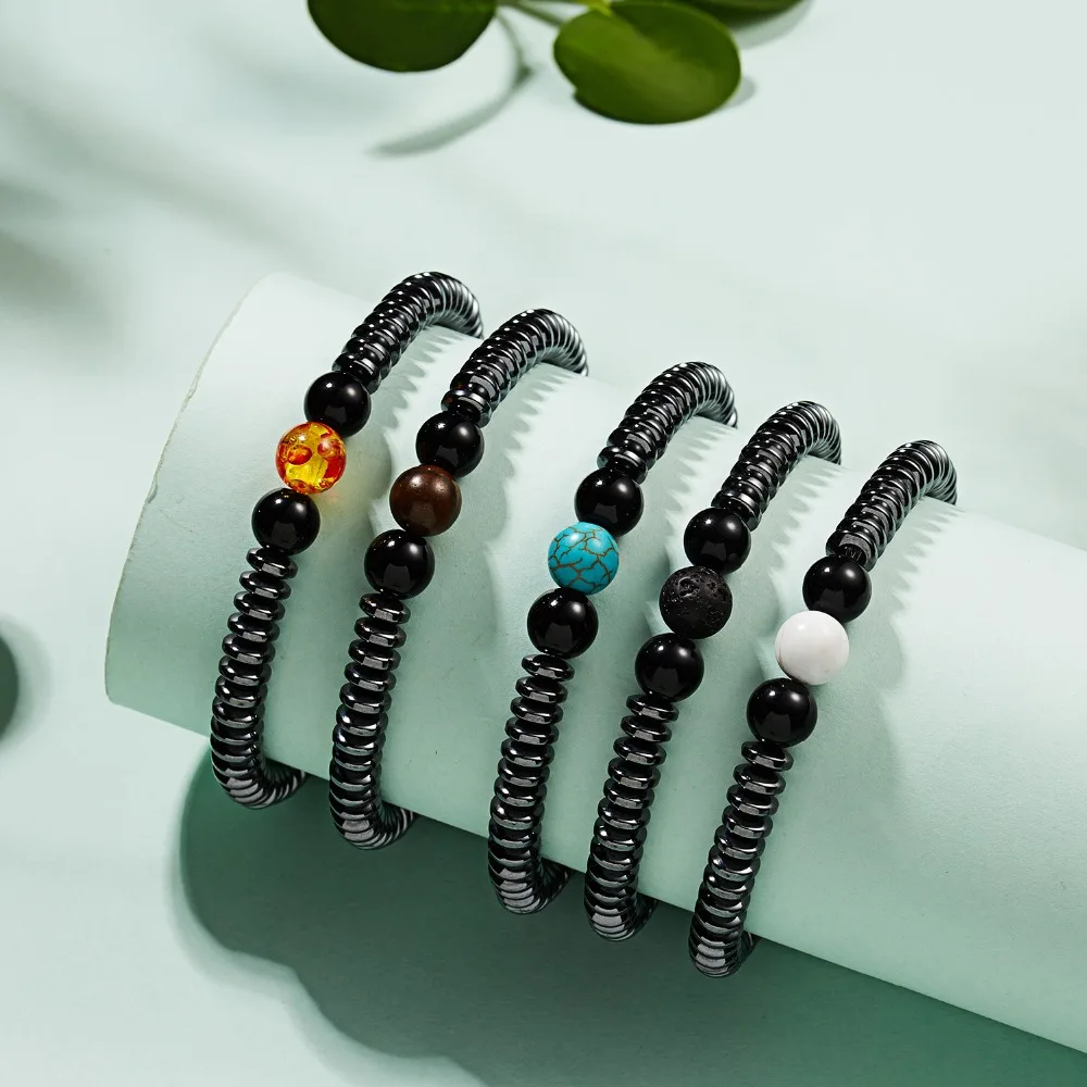 

Trendy Black Gallstone Yoga Energy Bracelet Jeweley Magnetic Health Care Hematite Stretch Beaded Bracelet For Wemen Men Hot Gift