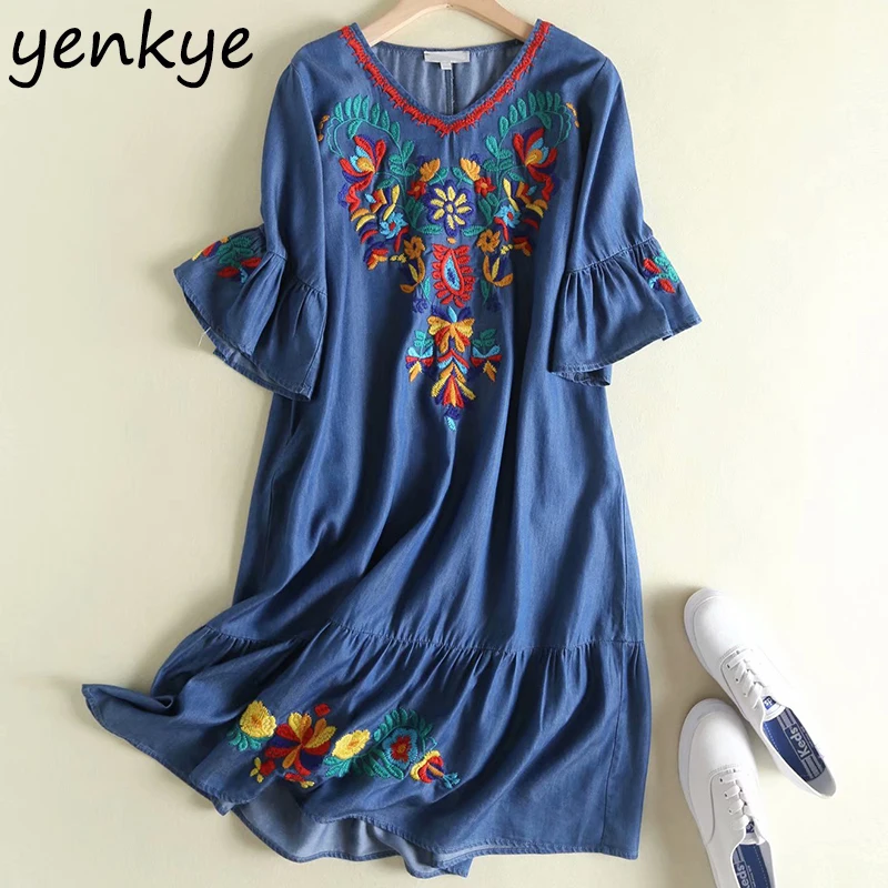 

2019 Women Multicolor Floral Embroidered Tencel Denim Dress Female V Neck Flare Sleeve Plus Size Casual Dress Summer vestidos