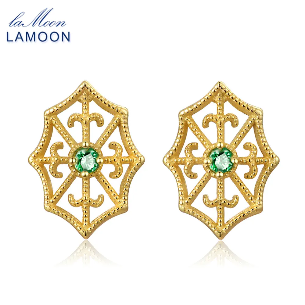 LAMOON Spider Web 2.5mm Round Cut Green Emerald 925 sterling-silver-jewelry Stud Earring S925 LMEI052