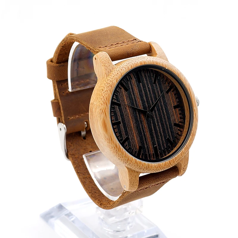 BOBO BIRD V-H08 Mens Handmade Bamboo Watches Wooden Dial Leather Strap Quartz Wristwatch in Gift Box Relojes Hombre V-H08