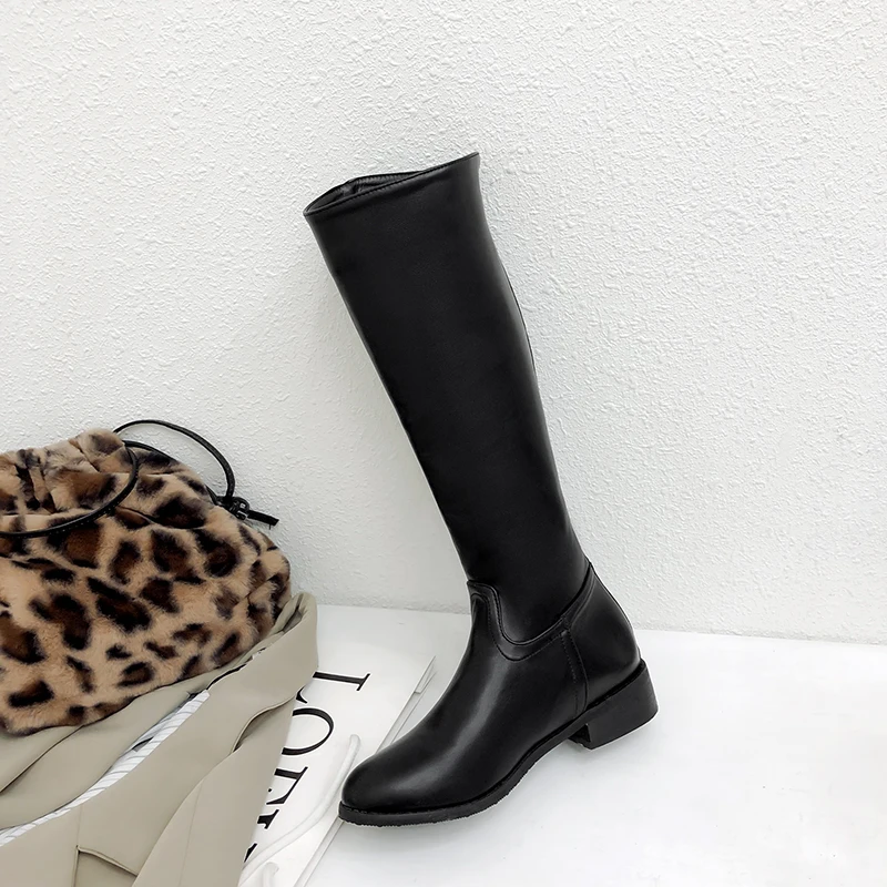 WETKISS/высокие сапоги до колена женские сапоги на низком каблуке обувь с круглым носком Женская обувь в байкерском стиле женская обувь на молнии Зимняя обувь размера плюс 32-46