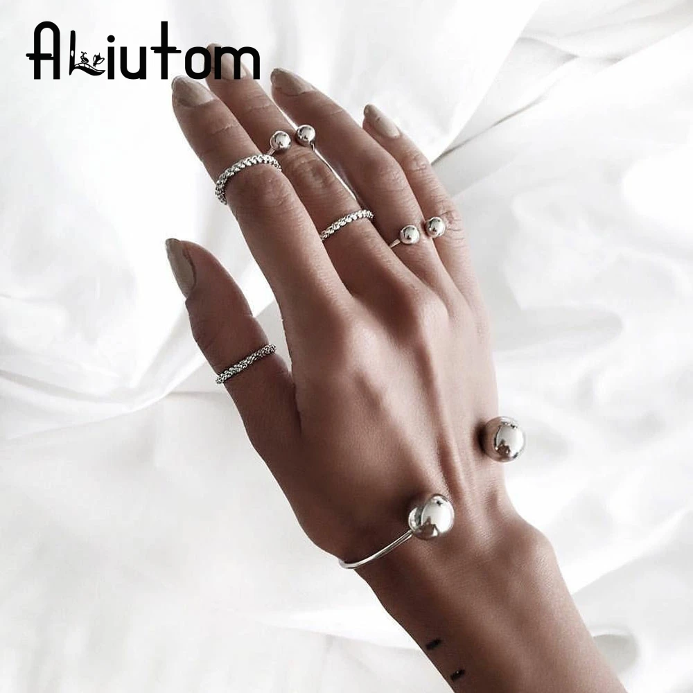 

ALIUTOM 6 Pcs/ Set New Round Opening Twist Bracelet Ring Set 2018 Silver Female Charm Punk Brincos Jewelry Set