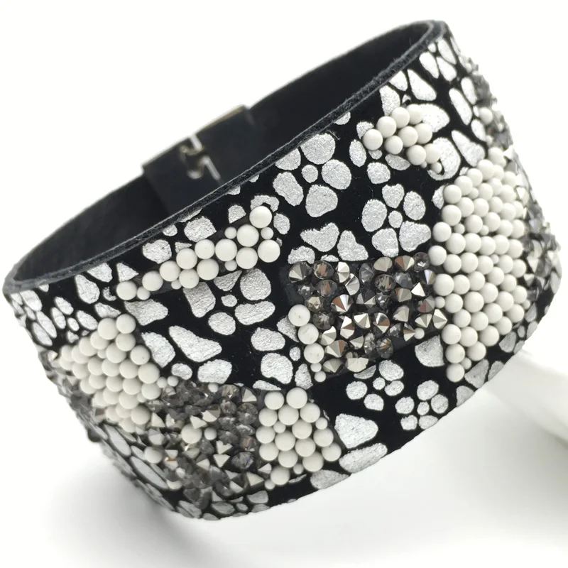 

LEMOER Fashion Gold Silver Leather Bracelet with Rhinestone Crystal Beads Magnetic Clasp Bangle for Women Gift Accessories