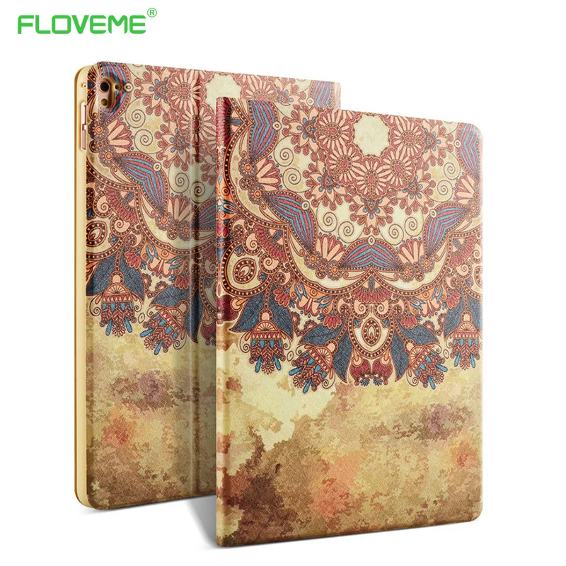 

FLOVEME Smart Sleep Leather Case For iPad Pro mini 9.7 For iPad Pro 12.9 Art Printed Flowers Little Dog Stand Flip Leather Cover