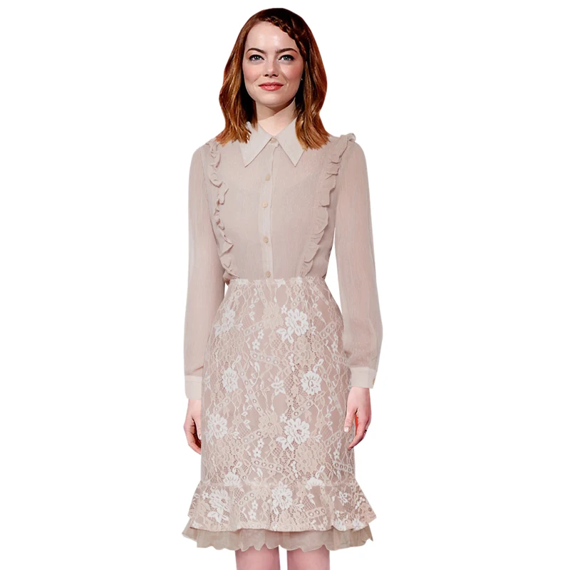 Manches Volants 2 down Chemises Tenue Pièces Jupes Beige Longues Outfit Pièce Nu Deux Mode Femmes Blouse Dentelle À Définit Turn Col 7qz4C