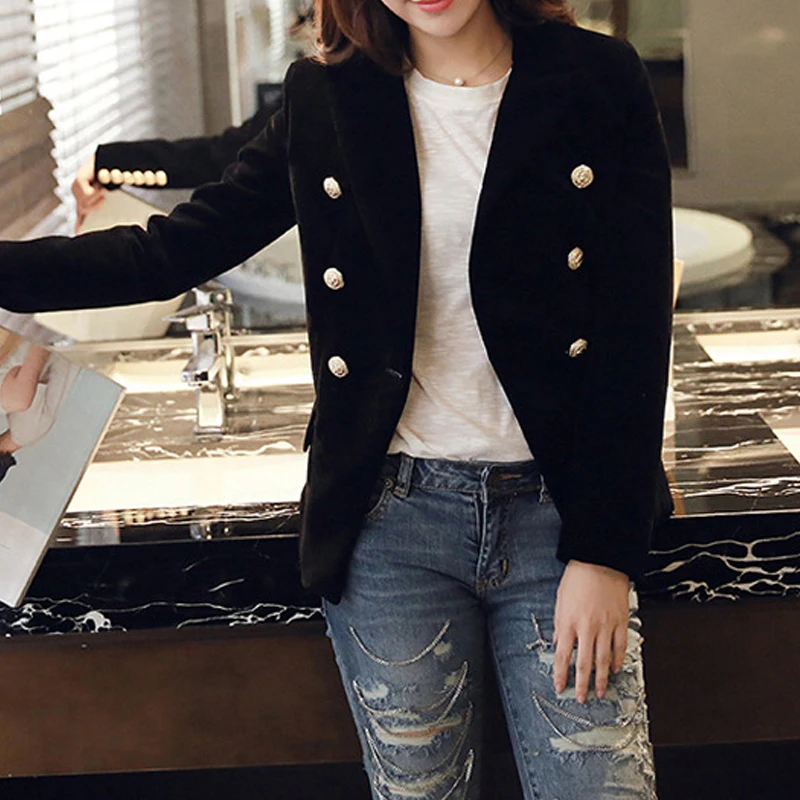 Velvet Women's Jacket Blazer Coat Solid Double Breasted Office Blazer Women Long Sleeve Blazers Female Outwear Slim Work Suit