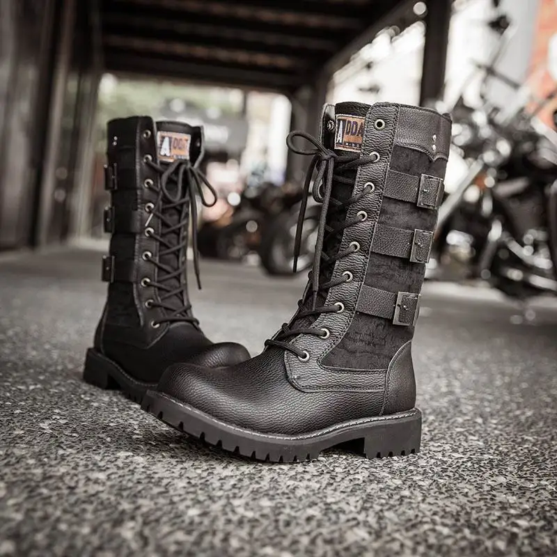 

ERRFC Luxury Mens Black Rding Boots Fashion British Designer Buckle Lace Up Man Motorcycle Boots Punk Cowboy High Boots 37-45