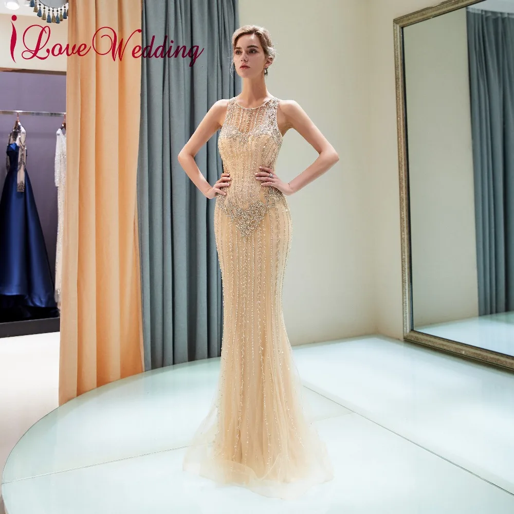 

iLoveWedding Abiye gece elbisesi O Neck Sheer Beaded Sleeveless Champagne gold Tulle Formal Long Mermaid Evening Gowns
