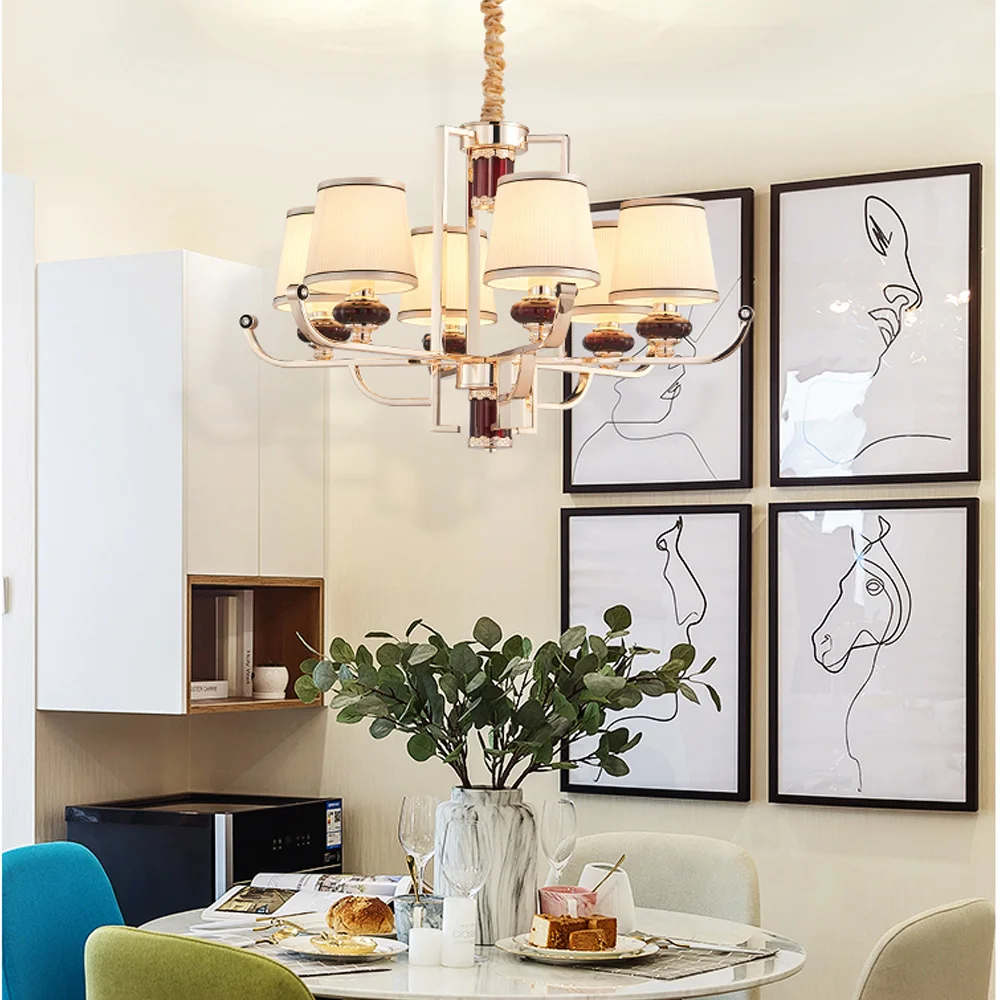 

Modern Gold-plated stainless steel Led Chandeliers Living Room Fabric lampshades Led Lights Dining Room Hanging Lamp Fixtures