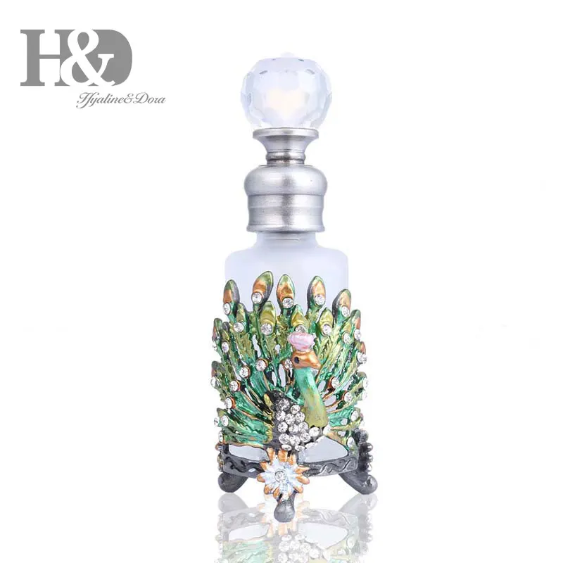 H & D خمر الزجاج العطور زجاجة w/بيوتر الطاووس تمثال المثمن شكل مجوهرات متجمد 25 ملليلتر المعطرة العطر حاوية