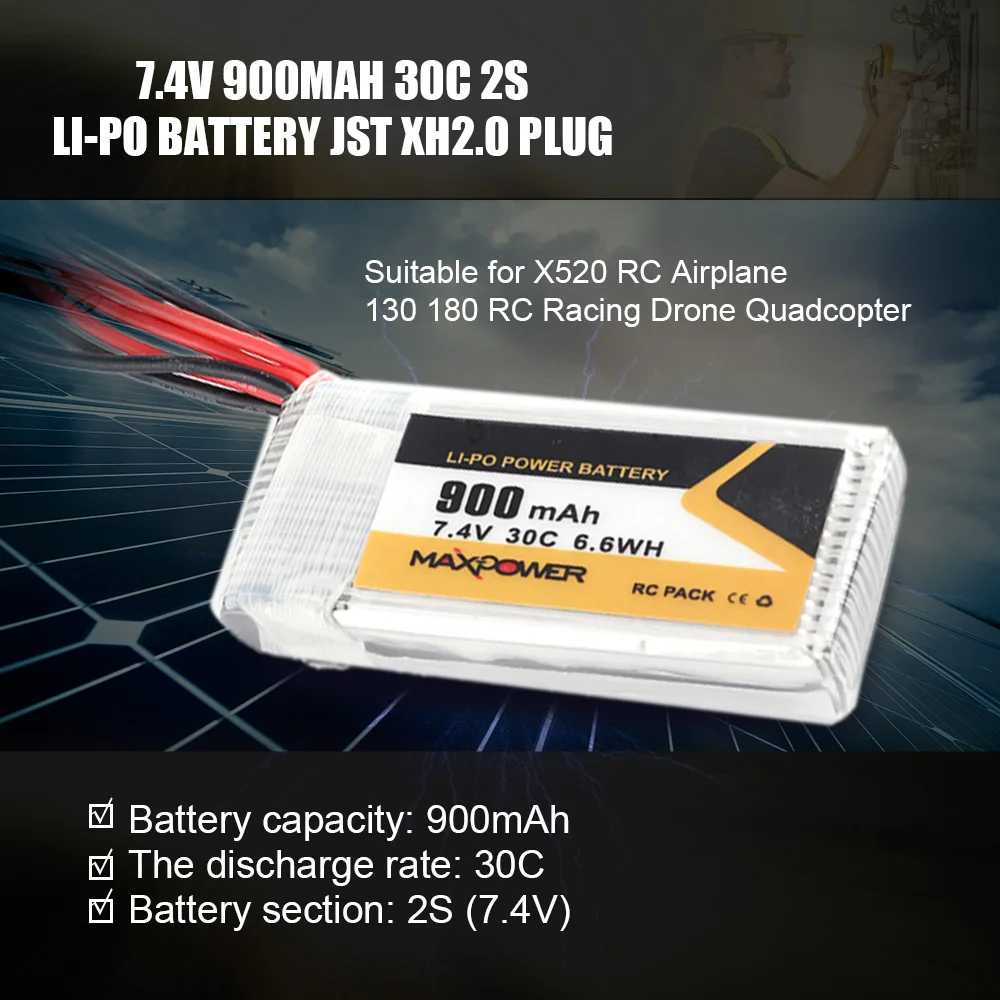 RC Drone Li-Po Battery 7.4V 900mAh 30C 2S JST XH2.0 Plug for X520 RC Airplane 130 180 RC Racing Dron RC Quadcopter