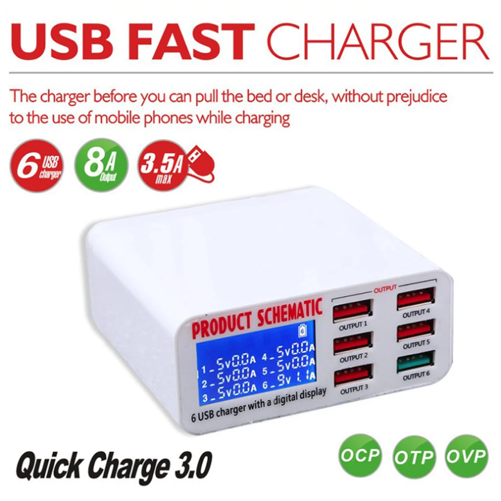 

USB Charger QC 3.0 6-Port 6A USB Charger Adapter Hub Multi USB Hub With Charger Dock Station with LCD Display Auto Detect Tech