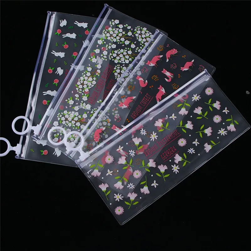 

1 Pcs Mysterious Animals Flowers PVC Pencil Cases Translucent Waterproof Ring Edge Folder Pen Bag Stationery Gift Free Shipping