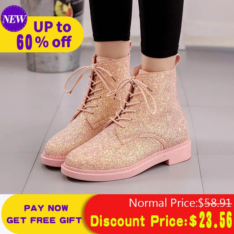 

Liren Women Ankle Boots Lace Up Fall Winter Platform Low Heels Martin Boots Bling Round Toe Shoes Fashion Woman Booties