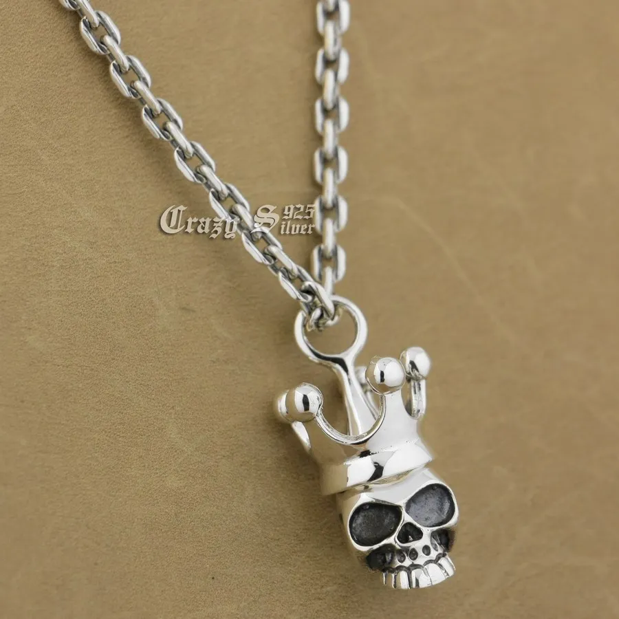 LINSION 925 Sterling Silver Skull Crown Mens Biker Pendant 9S109A 925 Sterling Silver Necklace 24 inches