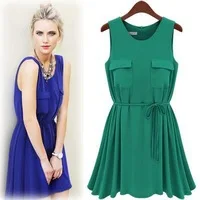 In Stock Free Shipping Fashion 2013 New Summer Womens\' High Quality O-Neck Sleeveless Loose Casual Chiffon Dress S-XLGreen Blue