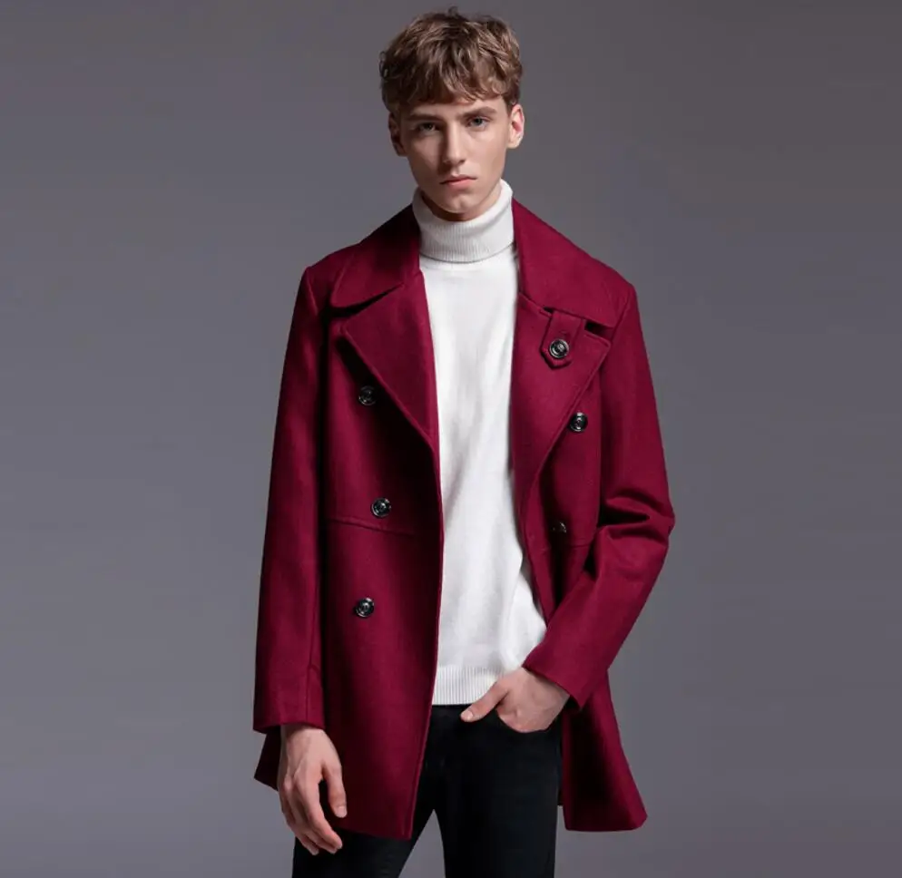 Men Wine Red Wool Coat Autumn Winter New Lapel Large Pattern Woolen ...