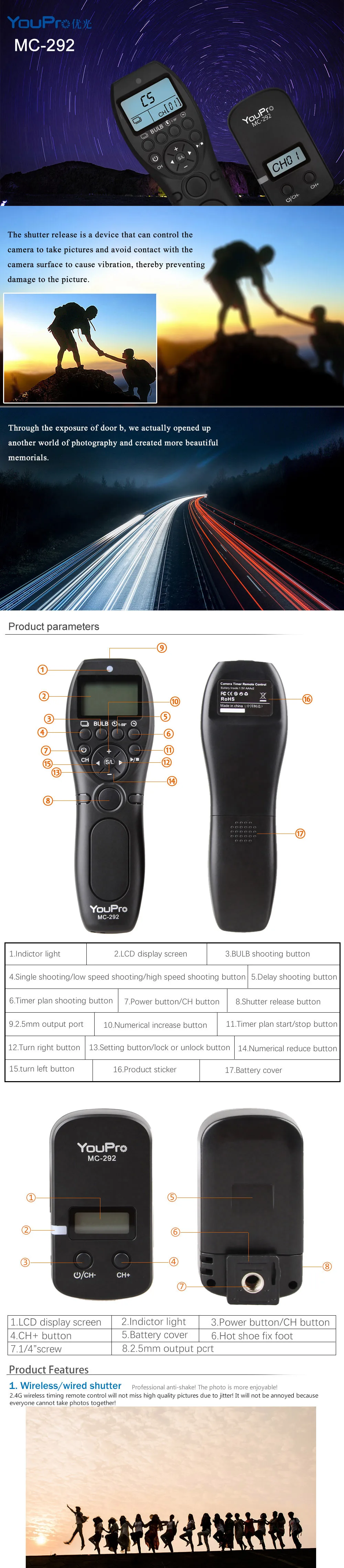 YouPro MC-292 DC0/DC2/N3/S2/E3/E2 2,4G беспроводной пульт дистанционного управления с ЖК-таймером спуска затвора каналы для Canon/sony/Nikon/Fujifilm