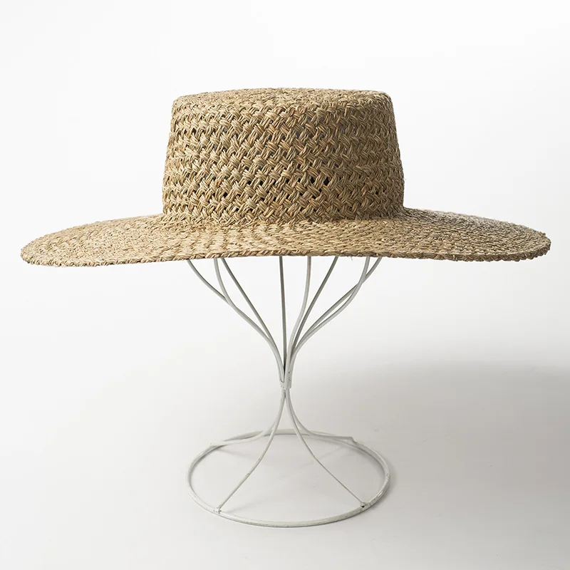 Летняя женская шляпа от солнца, ручная работа, соломенная шляпа с плоским верхом для мужчин и женщин, пляжная шляпа, козырек шляпы с плоским верхом
