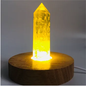 

Natural yellow quartz Crystal gemstone point reiki healing chakra citrine rock crystal wand feng shui gift+Wood base lamp