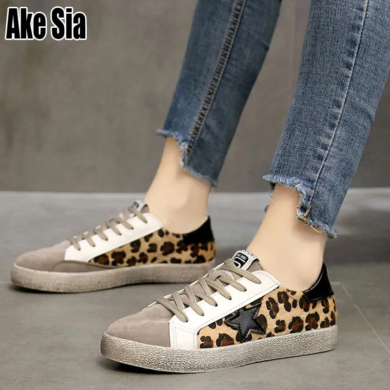 

Ake Sia Distressed Style Women's Mujer Feminine Leopard Print Casual Fashion Walk Lace-Up Zapatos Flat Leisure Board Shoes A150