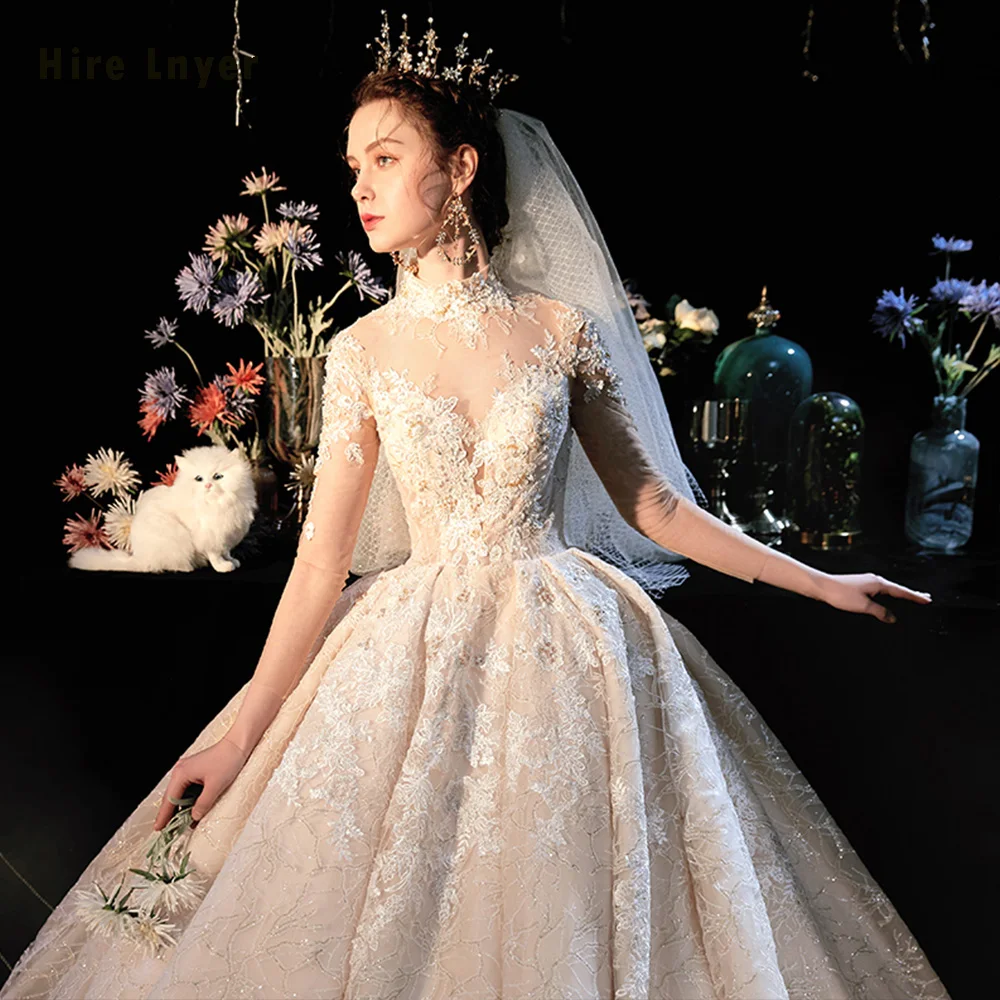 Robe De Mariee Princesse De Lux роскошное кружевное бальное платье с высоким горлом и длинным рукавом, украшенное бусинами и жемчужинами, свадебные платья