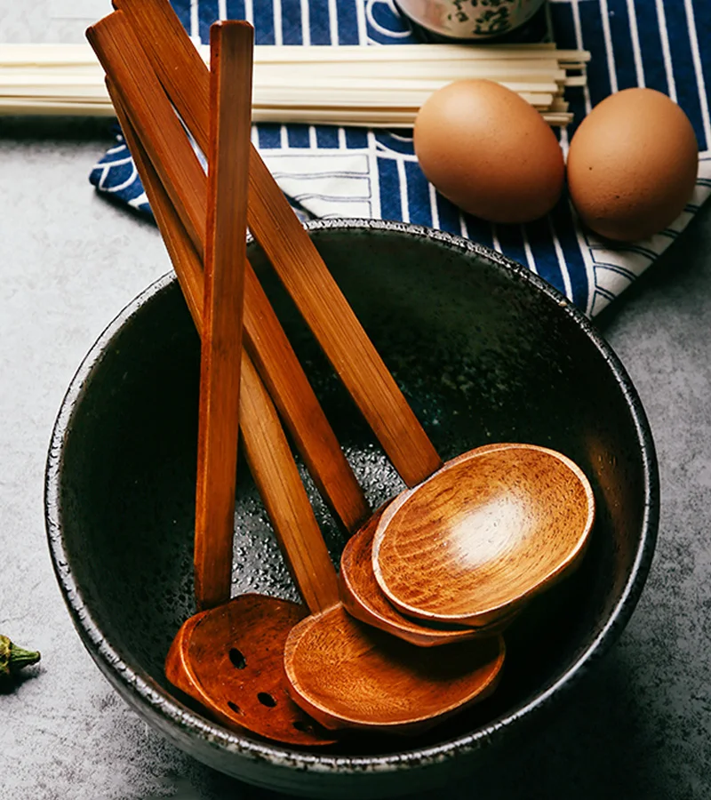 2Pcs Wooden Spoons Large Wood Spoon Set Japanese Style Ramen Soup Ladle Tablespoon Long Handled Kitchen Strainer Spoon Tableware (6)