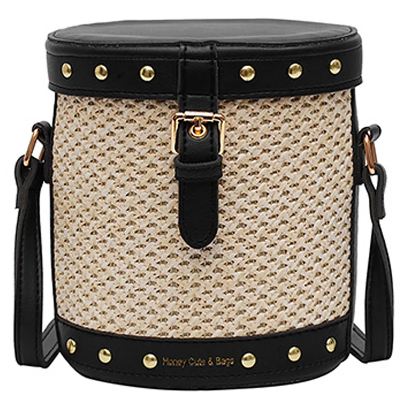 

Women'S Straw Bucket Bag Rivet Crossbody Bag Summer Travel Crossbody Shoulder Bag Women'S Tote Bag