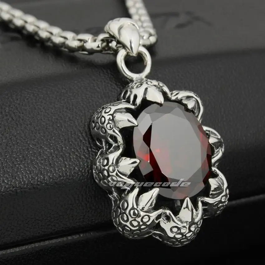 

LINSION 925 Sterling Silver Huge Red CZ Dragon Claw Mens Biker Rocker Pendant 8P012 Stainless Steel Necklace 22 inches