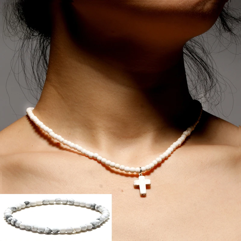 

Bohemian 4mm Turquoises Stone Necklace Charm White Light Blue Adjustable Pendant Necklaces For Women Girls Cross Necklace Gift