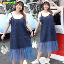 ChenKe/Новая модная летняя юбка на бретелях, женская, плюс размер 4XL, прямая джинсовая юбка на бретельках, комбинированная сетчатая юбка с двумя большими карманами