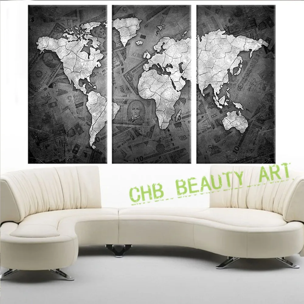 3 Panneaux Noir Et Blanc Carte Du Monde Imprimé Toile