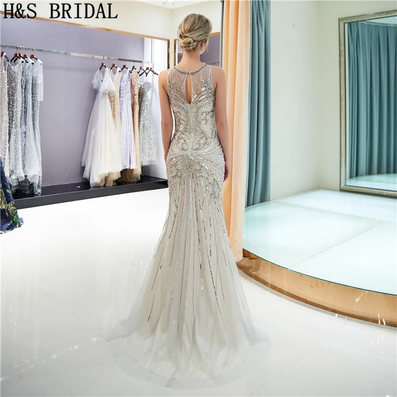 H & S Свадебные Русалка вечернее платье золото кристально длинный Платья вечерние светло-серый Люкс вечернее платье vestidos de fiesta
